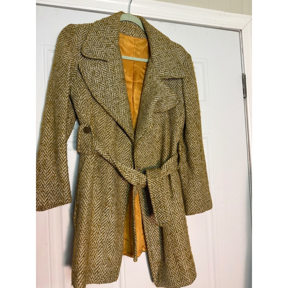 Vintage Mustard Herringbone Tweed Belted Trench Coat Jacket Yellow Size 8
